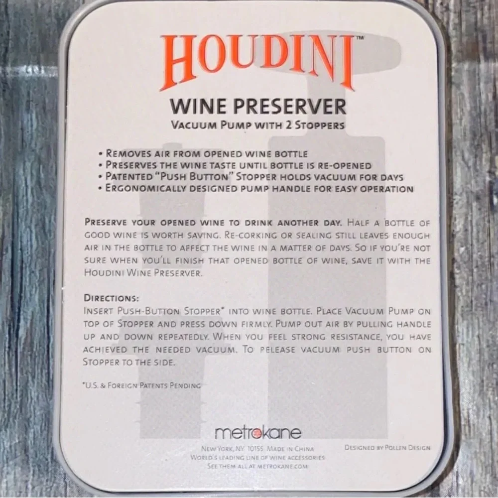 New Houdini Wine Preserver & 2 Stopper Set